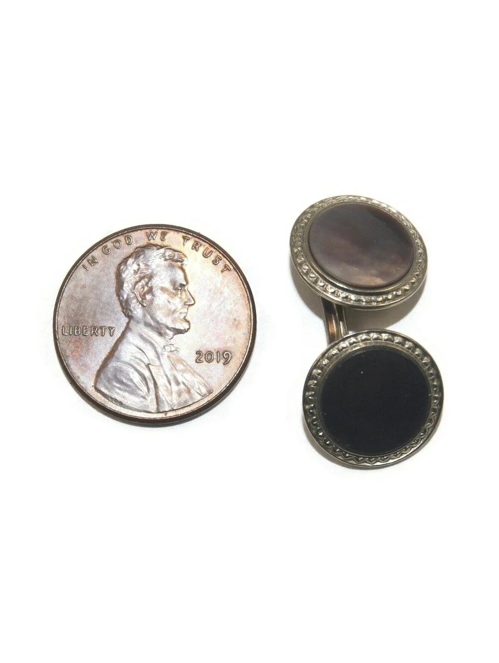 Antique Krementz Gold Plated & Abalone Double Round Cuff Links.